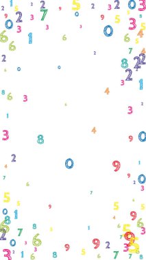 Renkli ve düzenli sayılar düşüyor. Uçan parmaklarla matematik çalışma konsepti. Beyaz arkaplandaki matematik afişine dönersek. Düşen sayılar vektör illüstrasyonu.