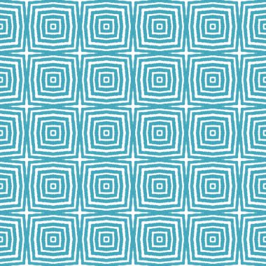 Egzotik, pürüzsüz desen. Turkuaz simetrik kaleydoskop arka planı. Yaz mayosu, egzotik, pürüzsüz tasarım. Tekstil hazır baş döndürücü baskı, mayo kumaş, duvar kağıdı, ambalaj..