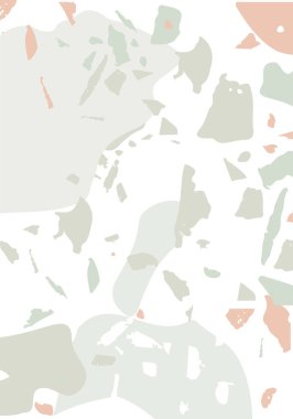 Terrazzo modern soyut şablon. Klasik İtalyan döşemesinin turuncu ve gri dokusu. Taşlardan, granitten, kuvarstan, mermerden, betondan yapılmış arka plan. Venedik terrazzo trend vektör arkaplanı