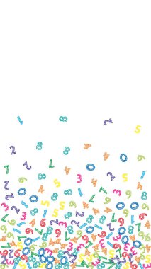 Renkli çizim numaraları düşüyor. Uçan parmaklarla matematik çalışma konsepti. Beyaz arka planda okul matematiği afişi. Düşen sayılar vektör illüstrasyonu.
