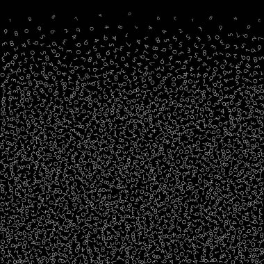 Düşen sayılar, büyük veri konsepti. Çift beyaz düzensiz uçan parmaklar. Siyah arka planda harika bir fütürist afiş. Düşen sayılarla dijital vektör illüstrasyonu.