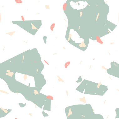 Terrazzo kusursuz desen. İç dekorasyon için minimalist döşeme taşı. Doğal taşlardan, granitten, kuvarstan, mermerden, betondan yapılmış arka plan. Terrazzo pürüzsüz desenli serin renklerde. 