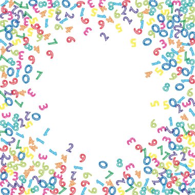 Renkli çizim numaraları düşüyor. Uçan parmaklarla matematik çalışma konsepti. Beyaz arka planda okulun matematik afişi var. Düşen sayılar vektör illüstrasyonu.