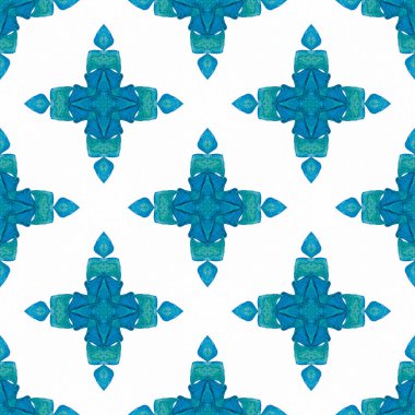 Tekrar eden mayo tasarımı. Mavi muhteşem boho şık yaz tasarımı. Suluboya, kiremit sınırını tekrarlıyor. Tekstil hazır büyüleyici baskı, mayo kumaş, duvar kağıdı, ambalaj..