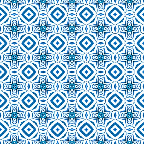 民族の手描きのパターン ブルーの上品なBohoシックな夏のデザイン 水彩夏の民族の国境パターン テキスタイル準備ができた印刷 水着生地 ラッピング — ストック写真