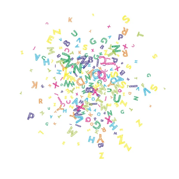 İngilizce 'nin harfleri düşüyor. Latin alfabesinin renkli, dağınık, uçan kelimeleri. Yabancı diller öğrenim kavramı. Beyaz arkaplandaki okul afişine eğlenceli geri dönüş.