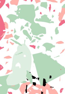 Terrazzo modern soyut şablon. Klasik İtalyan döşemesinin pembe ve yeşil dokusu. Taşlardan, granitten, kuvarstan, mermerden, betondan yapılmış arka plan. Venedik terrazzo trend vektör arkaplanı