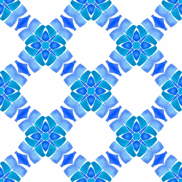 水彩メダリオンシームレスな境界線 青の可愛いBohoシックな夏のデザイン 繊維準備ができて優れた印刷 水着生地 メダリオンのシームレスなパターン — ストック写真