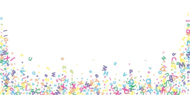 İngilizce 'nin harfleri düşüyor. Latin alfabesinin renkli, dağınık, uçan kelimeleri. Yabancı diller öğrenim kavramı. Beyaz arkaplandaki okul afişine büyüleyici geri dönüş.