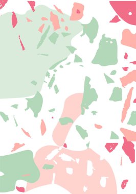 Terrazzo modern soyut şablon. Klasik İtalyan döşemesinin pembe ve yeşil dokusu. Taşlardan, granitten, kuvarstan, mermerden, betondan yapılmış arka plan. Venedik terrazzo trend vektör arkaplanı
