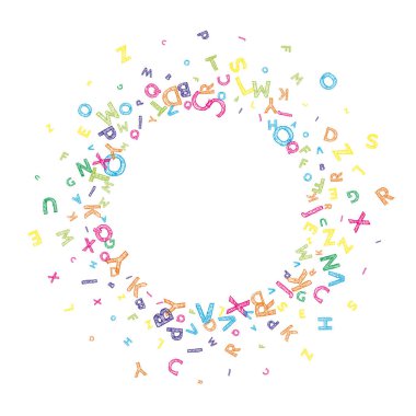 İngilizce 'nin harfleri düşüyor. Latin alfabesinin renkli, dağınık, uçan kelimeleri. Yabancı diller öğrenim kavramı. Akıllara durgunluk veren beyaz arka planda okul afişi.