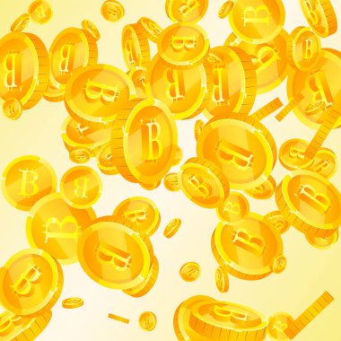 Bitcoin, internet para birimleri düşüyor. İlahi BTC bozuklukları. Kripto para, dijital para. Güzel ikramiye, servet ya da başarı konsepti. Vektör illüstrasyonu.
