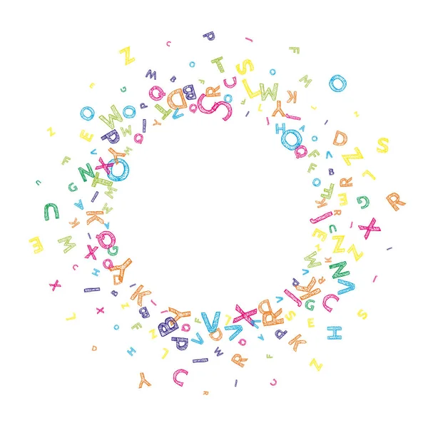 İngilizce 'nin harfleri düşüyor. Latin alfabesinin renkli, dağınık, uçan kelimeleri. Yabancı diller öğrenim kavramı. Akıllara durgunluk veren beyaz arka planda okul afişi.