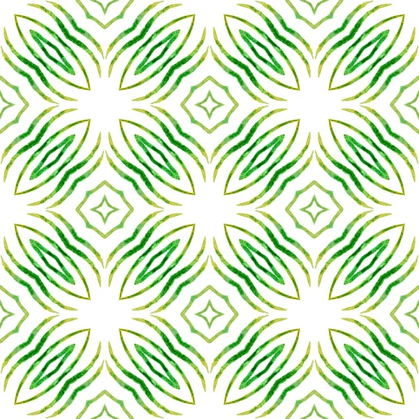 タイルの境界線を繰り返す水彩イカット 緑の生きているBohoシックな夏のデザイン 繊維準備ができて感情的な印刷 水着生地 水着のデザインを繰り返すイカット — ストック写真