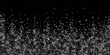 Düşen sayılar, büyük veri konsepti. İkili beyaz, dağınık uçan parmaklar. Siyah arka planda gösterişli fütürist afiş. Düşen sayılarla dijital vektör illüstrasyonu.