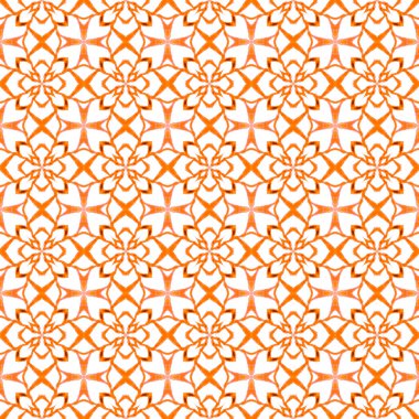 Tekstil hazır, mükemmel baskı, mayo kumaş, duvar kağıdı, ambalaj. Turuncu taze boho şık yaz tasarımı. Madalyon pürüzsüz desen. Suluboya madalyonu, kusursuz sınır.