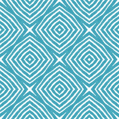 Dokulu çizgili desen. Turkuaz simetrik kaleydoskop arka planı. Moda desenli şerit tasarımı. Tekstil hazır ilginç baskı, mayo kumaş, duvar kağıdı, ambalaj..