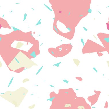 Terrazzo kusursuz desen. Pembe Venedik döşeme dokusu. Terrazzo pürüzsüz desenli, serin renklerde. Doğal taşlardan, granitten, kuvarstan, mermerden, betondan yapılmış arkaplan. 