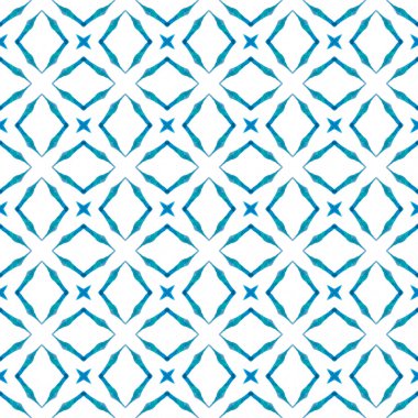 Sembol suluboya deseni. Mavi narin boho şık yaz tasarımı. Yeşil geometrik sembolün suluboya sınırı. Tekstil hazır baskı, mayo kumaş, duvar kağıdı, ambalaj.