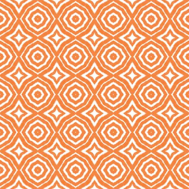 Sembol çizgileri tasarımı. Turuncu simetrik kaleydoskop arka planı. Tekstil hazır baskı, mayo kumaş, duvar kağıdı, ambalaj. Geometrik sembol çizgileri deseni.
