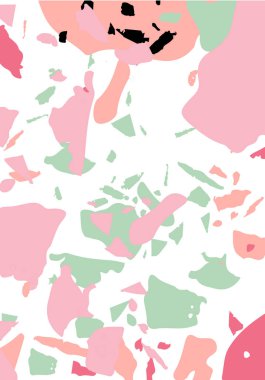 Terrazzo modern soyut şablon. Klasik İtalyan döşemesinin pembe ve yeşil dokusu. Taşlardan, granitten, kuvarstan, mermerden, betondan yapılmış arka plan. Venedik terrazzo trend vektör arkaplanı