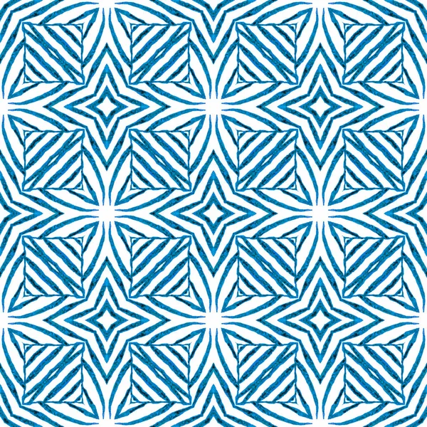 纺织现成可爱的印花 泳衣面料 包装材料 蓝色的美丽动人的波荷式夏装设计 水彩画夏季民族边界格局 民族手绘图案 — 图库照片