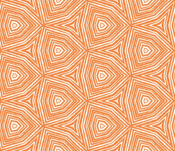 Geometric seamless pattern. Orange symmetrical kaleidoscope background. Textile ready lively print, swimwear fabric, wallpaper, wrapping. Hand drawn geometric seamless design.