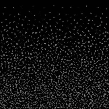 Düşen sayılar, büyük veri konsepti. Çift beyaz düzensiz uçan parmaklar. Siyah arkaplandaki fütüristik afiş hoşunuza gidiyor. Düşen sayılarla dijital vektör illüstrasyonu.