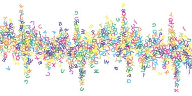 İngilizce 'nin harfleri düşüyor. Latin alfabesinin renkli çizimleri. Yabancı diller öğrenim kavramı. Beyaz arkaplandaki okul afişine yaratıcı dönüş.