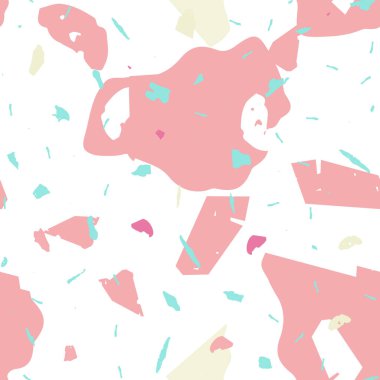 Terrazzo kusursuz desen. Pembe Venedik döşeme dokusu. Terrazzo pürüzsüz desenli, serin renklerde. Doğal taşlardan, granitten, kuvarstan, mermerden, betondan yapılmış arkaplan. 