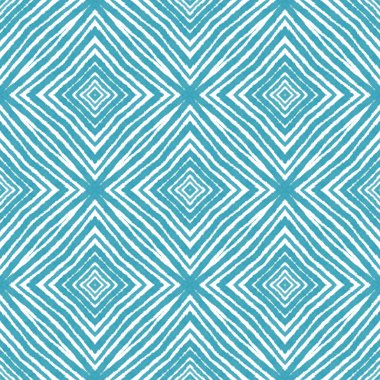 Madalyon pürüzsüz desen. Turkuaz simetrik kaleydoskop arka planı. Suluboya madalyonu, pürüzsüz fayans. Tekstil hazır eşsiz baskı, mayo kumaş, duvar kağıdı, ambalaj..