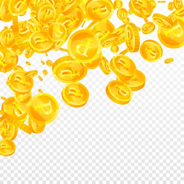 Russian ruble coins falling. Scattered gold RUB coins. Russia money. Jackpot wealth or success concept. Square vector illustration.