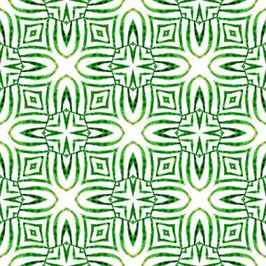 Tekstil hazır baskı, mayo kumaş, duvar kağıdı, ambalaj. Yeşil sosyetik boho şık yaz tasarımı. Yeşil geometrik sembolün suluboya sınırı. Sembol suluboya deseni.
