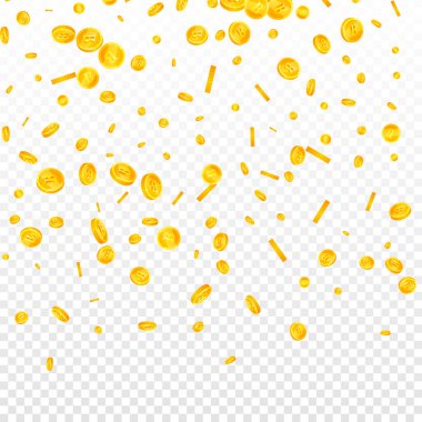 Thai baht coins falling. Gold scattered THB coins. Thailand money. Jackpot wealth or success concept. Square vector illustration.