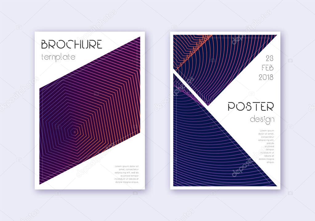 Triangle cover design template set. Violet abstract lines on dark background. Immaculate cover design. Favorable catalog, poster, book template etc.
