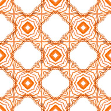 Tekstil hazır hipnotize baskı, mayo kumaş, duvar kağıdı, ambalaj. Turuncu simetrik boho şık yaz tasarımı. Döşemeli suluboya arka plan. Elle boyanmış suluboya kenar.