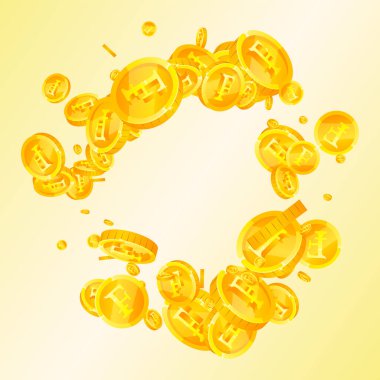 Swiss franc coins falling. Gold scattered CHF coins. Switzerland money. Great business success concept. Square vector illustration.