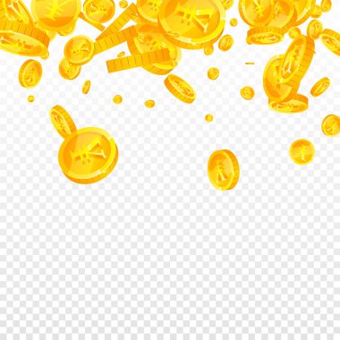 Chinese yuan coins falling. Scattered gold CNY coins. China money. Global financial crisis concept. Square vector illustration.