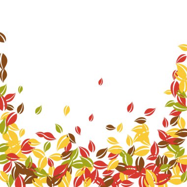 Falling autumn leaves. Red, yellow, green, brown chaotic leaves flying. Falling rain colorful foliage on nice white background. Authentic back to school sale.