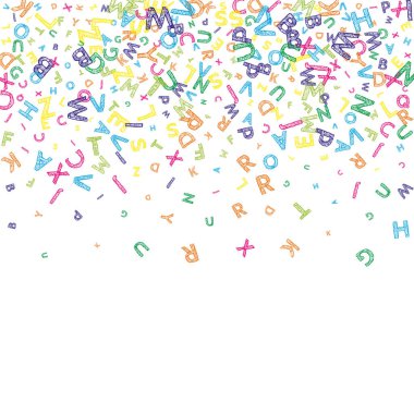 Falling letters of English language. Colorful messy sketch flying words of Latin alphabet. Foreign languages study concept. Lovely back to school banner on white background.