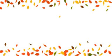 Falling autumn leaves. Red, yellow, green, brown chaotic leaves flying. Border colorful foliage on unique sunset background. Brilliant back to school sale.