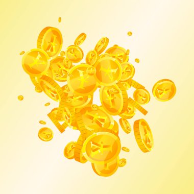 Japanese yen coins falling. Scattered gold JPY coins. Japan money. Great business success concept. Square vector illustration.