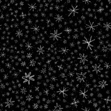 Hand Drawn Snowflakes Christmas Seamless Pattern. Subtle Flying Snow Flakes on chalk snowflakes Background. Authentic chalk handdrawn snow overlay. Bold holiday season decoration.