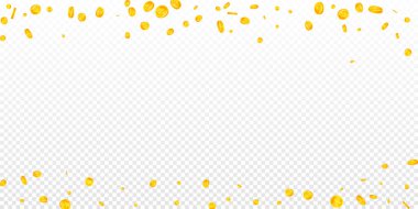 Chinese yuan coins falling. Scattered gold CNY coins. China money. Great business success concept. Wide vector illustration.