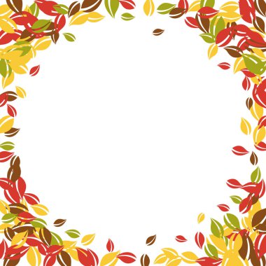 Falling autumn leaves. Red, yellow, green, brown chaotic leaves flying. Vignette colorful foliage on noteworthy white background. Brilliant back to school sale.