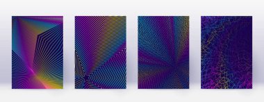 Art business card. Abstract lines modern brochure template. Rainbow vibrant gradients geometry on dark blue background. Awesome cover, brochure, poster, book etc.