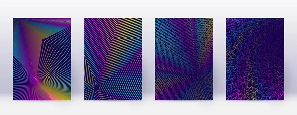 Art business card. Abstract lines modern brochure template. Rainbow vibrant gradients geometry on dark blue background. Awesome cover, brochure, poster, book etc.