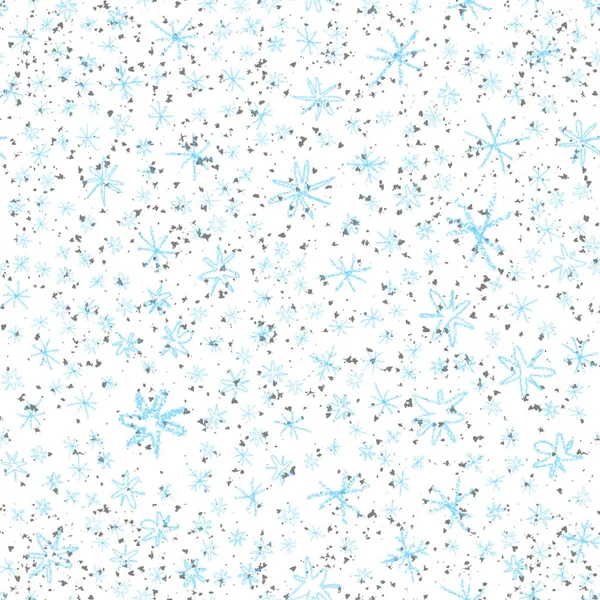 Hand Drawn Snowflakes Christmas Seamless Pattern. Subtle Flying Snow Flakes on chalk snowflakes Background. Alive chalk handdrawn snow overlay. Radiant holiday season decoration.