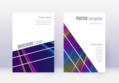 Geometric cover design template set. Rainbow abstract lines on dark blue background. Brilliant cover design. Fetching catalog, poster, book template etc.