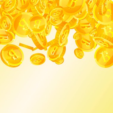 Bitcoin coins falling. Cryptocurrency scattered gold BTC coins. Internet currency. Great business success concept. Square vector illustration.